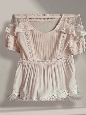 Pol Women’s Dusty Rose Flowing Babydoll Top with Lace Trim & Pintuck Front